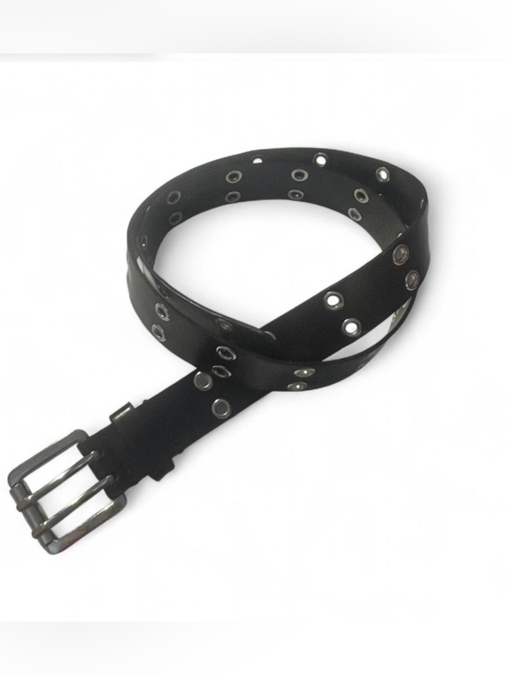 Y2K Black Faux Leather Double-Row Grommet Belt - size 36” Long